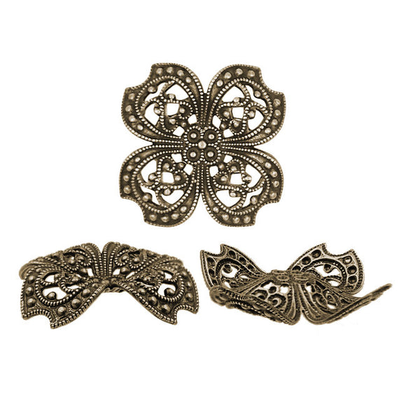 Antique Brass Filigree - Four Petal with Intricate Details and Dapt Petals - Vintage Style - 2 Pieces - High Quality European Brass